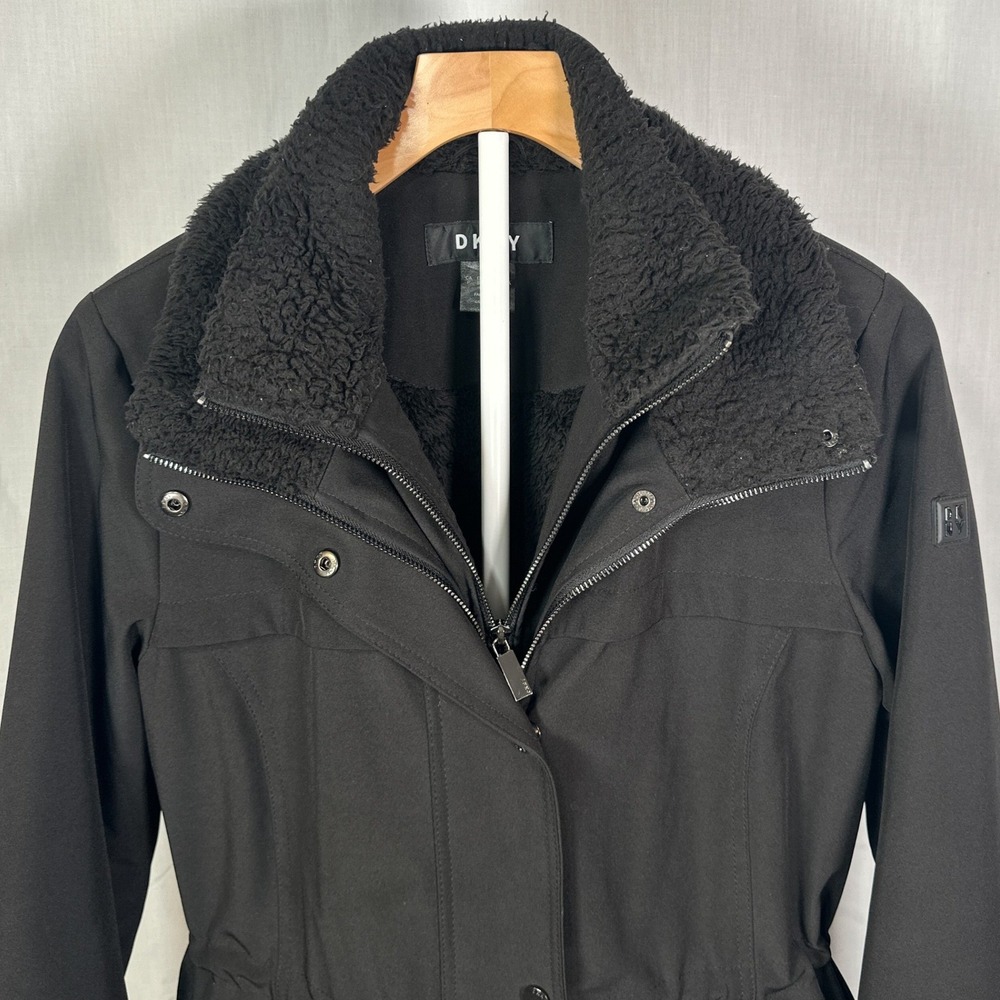 DKNY Womens Black Softshell Sherpa Lined Parka Jacket DL902627 Size S